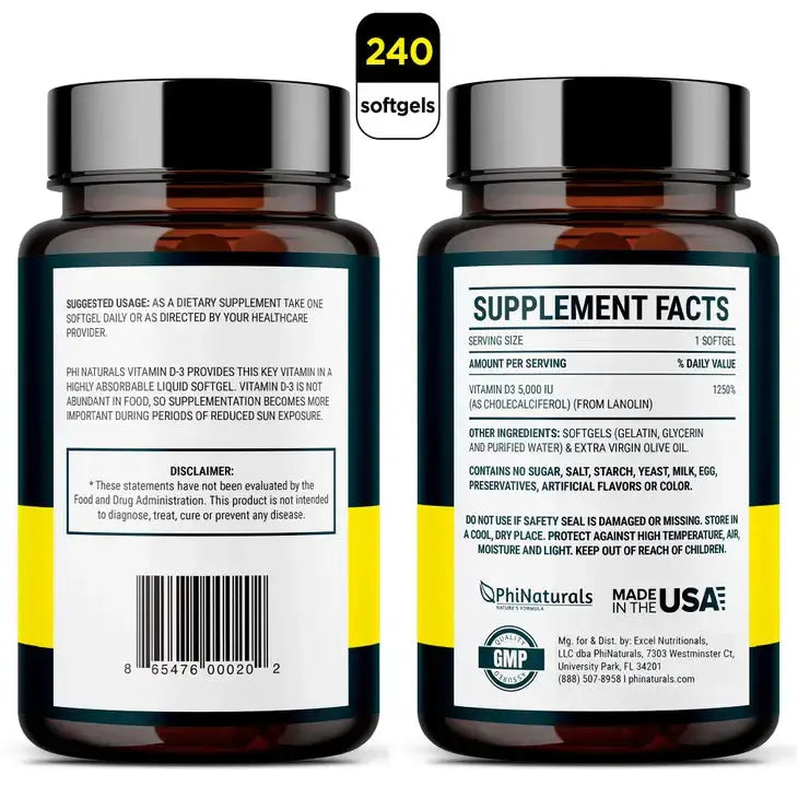 Vitamin D3 5000 IU (240 softgels) Phi Naturals